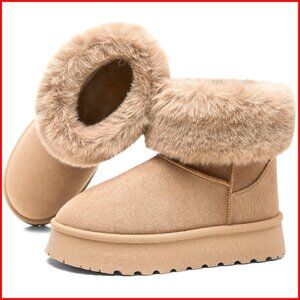 Women's Platform Snow Boots with Fur Lining, Waterproof Ankle Booties